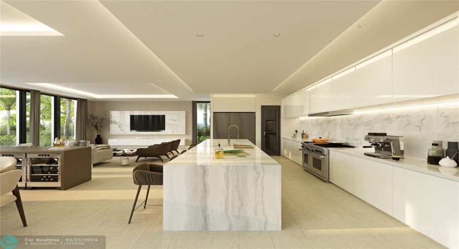 Rendering of the kitchen with kitchen island. Kitchen flows into the family room/dining area.