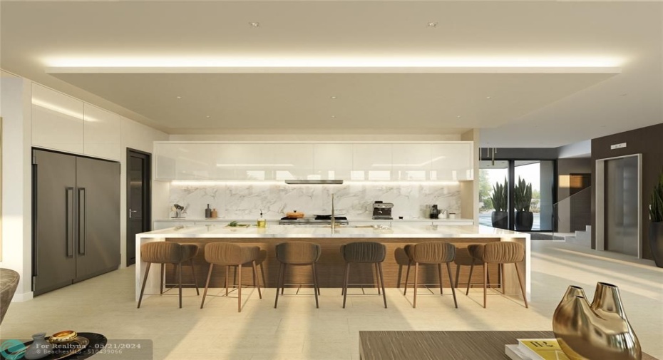 Rendering of the kitchen with island seating.