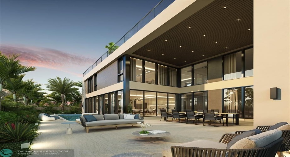 Rendering of the covered patio and pool.