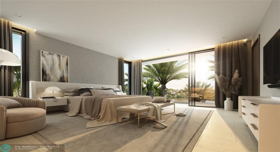 Rendering of bedroom on the second floor. Western exposure outside the windows.