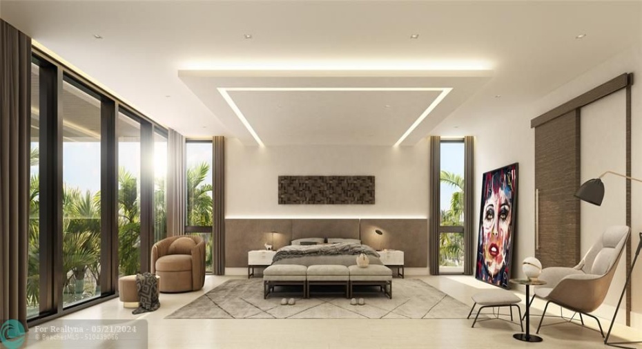 Rendering of the big primary bedroom on the second floor with floor to ceiling windows overlooking the covered patio.