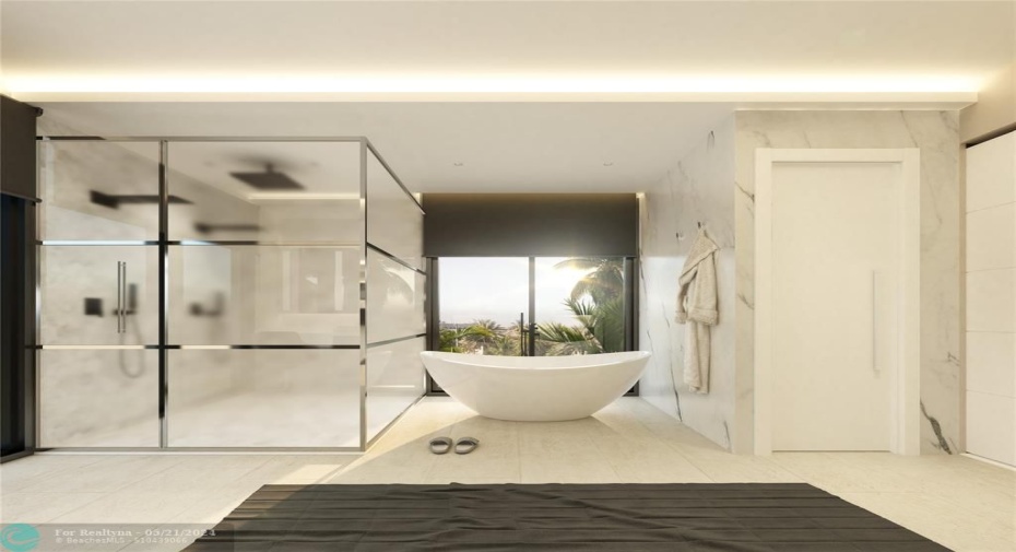 Rendering of the Primary bathroom on the second floor compete with soaking tub and shower.