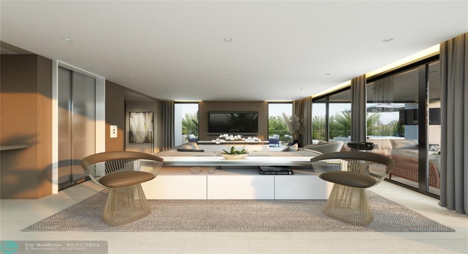 Rendering of the third floor sky lounge. Access to the outside through glass doors.