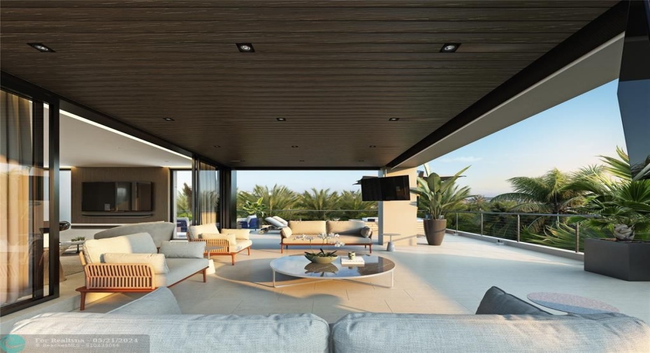 Rendering of the third floor rooftop deck lounge. Sliding glass doors open to the inside lounge.