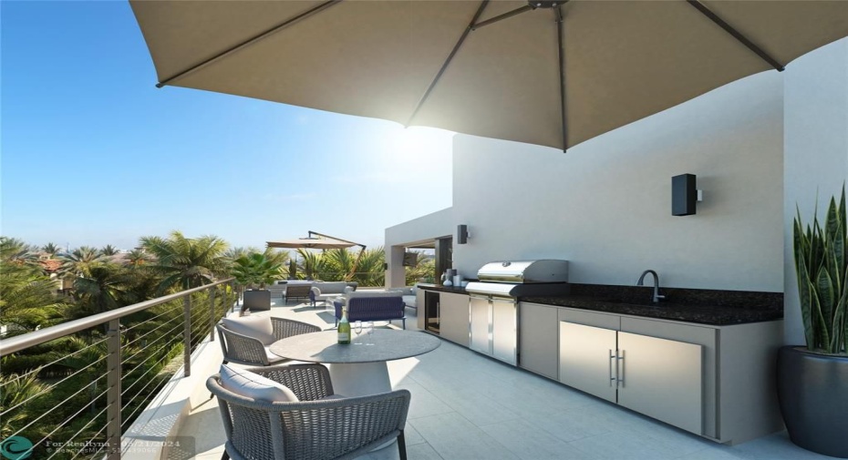 Rendering of the third floor outdoor kitchen complete with barbecue and sink.