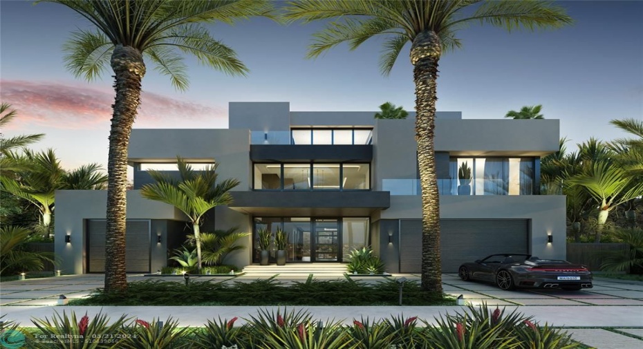 Rendering of front of the house at twilight. Lighting on the house is turned on. Elevation faces west.