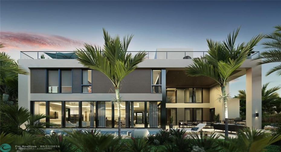 Rendering of the back of the house at twilight. Backyard faces east.