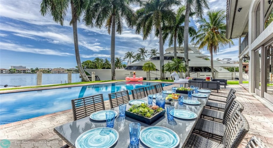 Outdoor waterfront Point Lot with pool area with outdoor dining, lounge chairs, BBQ & siting area.