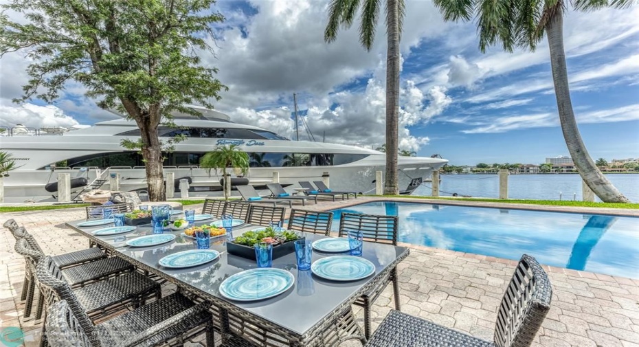 Outdoor waterfront Point Lot with pool area with outdoor dining, lounge chairs, BBQ & siting area.