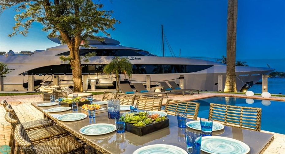 Outdoor waterfront Point Lot with pool area with outdoor dining, lounge chairs, BBQ & siting area.
