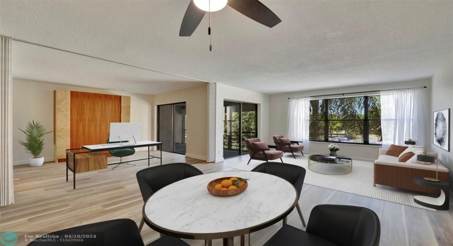 DIGITALLY STAGED, NOT TO SCALE! CORNER UNIT. From the Dining Area you are looking at the 2nd Bedroom/Den (Convertible) shown as a Den, Living Room & HUGE SCREENED-IN BALCONY that's 16' WIDE & is ACCESSIBLE from Living Room, Primary & 2nd Bedrooms! WOW! YOU WILL LOVE WHERE YOU LIVE & PLAY!