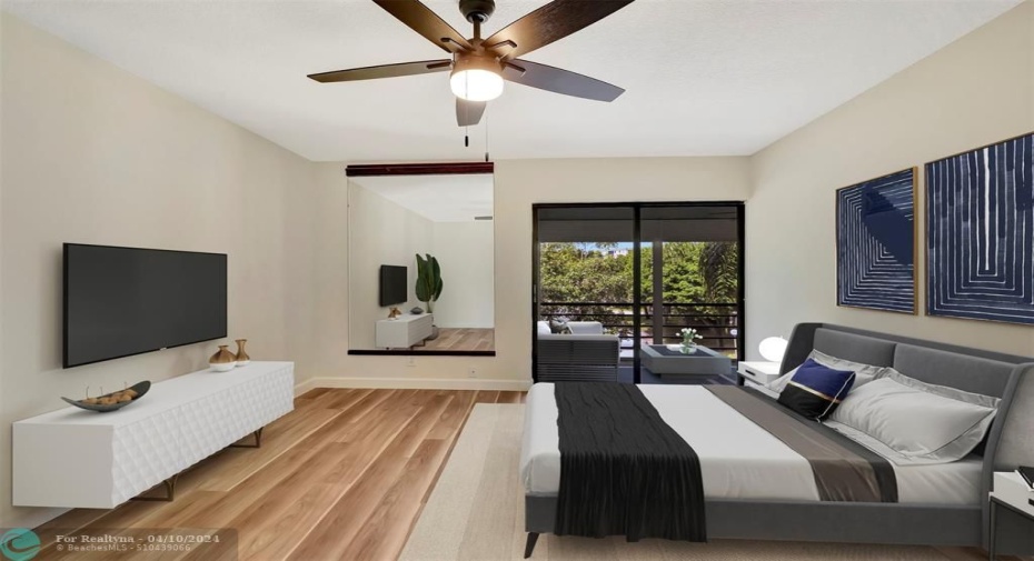 DIGITALLY STAGED, NOT TO SCALE! This is YOUR FUTURE PRIMARY BEDROOM! WOW! Includes CUSTOM MIRROR (MAHOGANY WOOD) & 1 of 3 NEW LED LIGHT CEILING FANS! The Primary Bedroom also has Access to the HUGE SCREENED-IN BALCONY that's 16' WIDE.