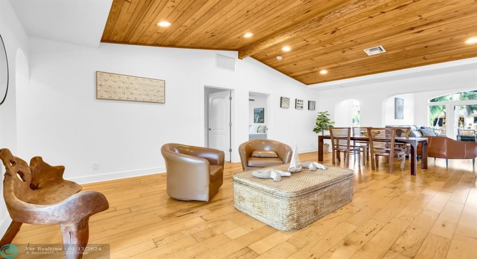 High ceilings in Pecky Cypress wood
