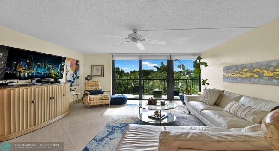 Living Room with White Porcelain Tile Floor