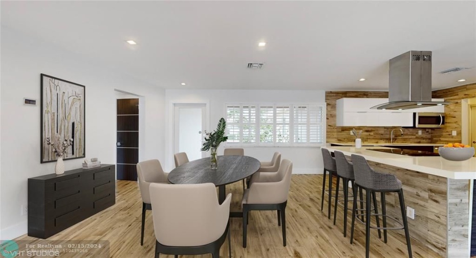 Dining room, breakfast bar and kitchen