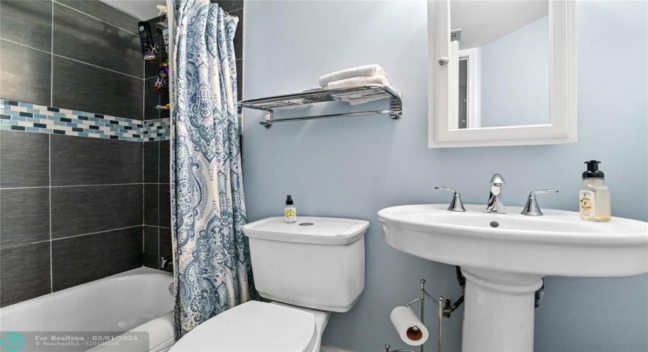 Renovated guest bathroom with pedestal sink