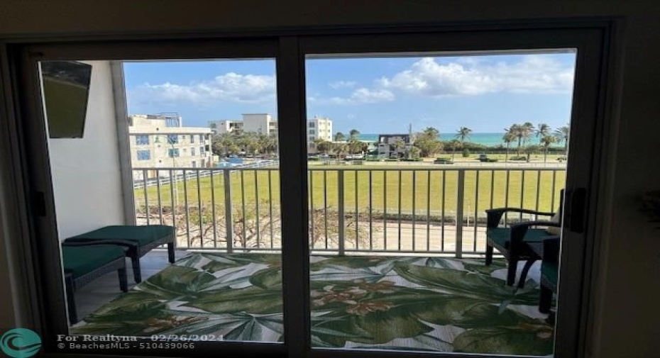 Storm shutters can be lowered to enclose the balcony.