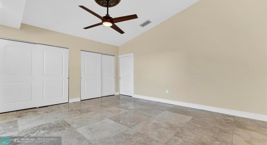 Wall to wall closets with built-ins, upgraded fan & closet doors