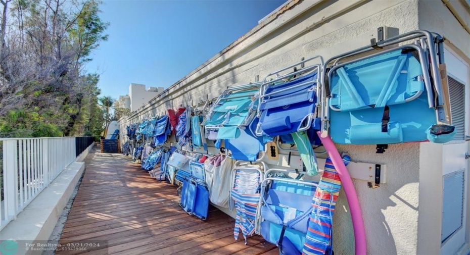 by pool for beach chair storage