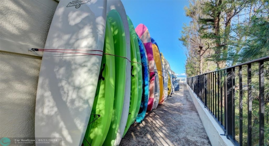 by pool for paddle board storage