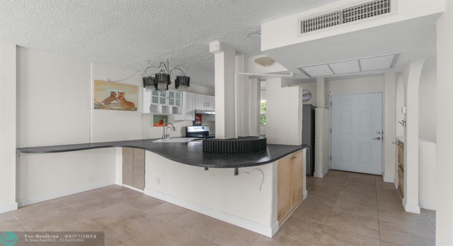 Open Kitchen with wavy, extended countertop