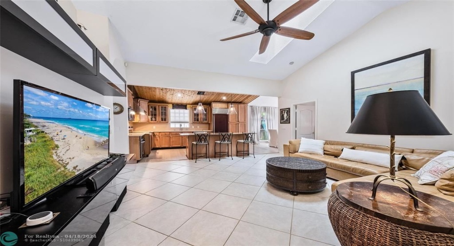 Family room with vaulted ceilings
