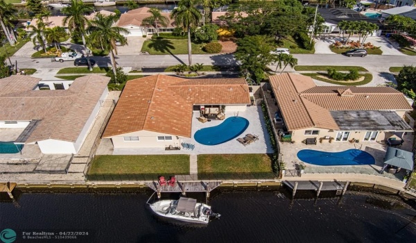ABOVE LOOKING AT HOME & BRIGHT POOL AREA