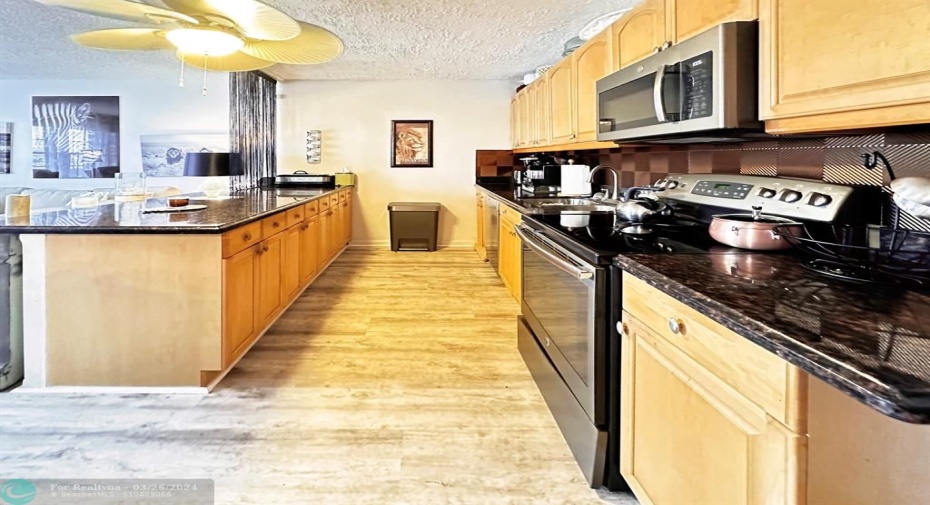 Wooden Cabinets, Granite Counters & Vinyl Backsplash