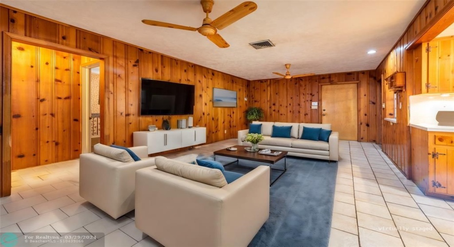 Virtually Staged, Den/Fam rm. off kitchen and 2 bedrooms. Back door to garage AND door to Screened Patio