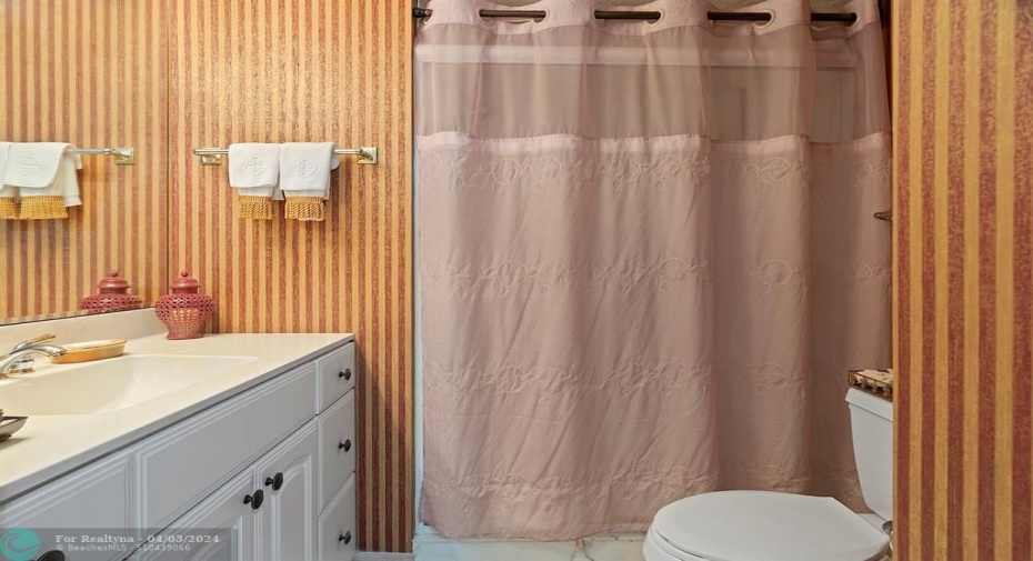 Guest Bathroom and Shower has Glass Shower Doors behind curtain