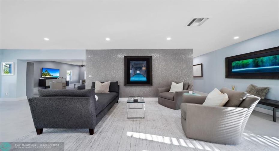 Front sitting area with hallway to the right, leading to the two full guest rooms and two guest bathrooms, living room to the left.