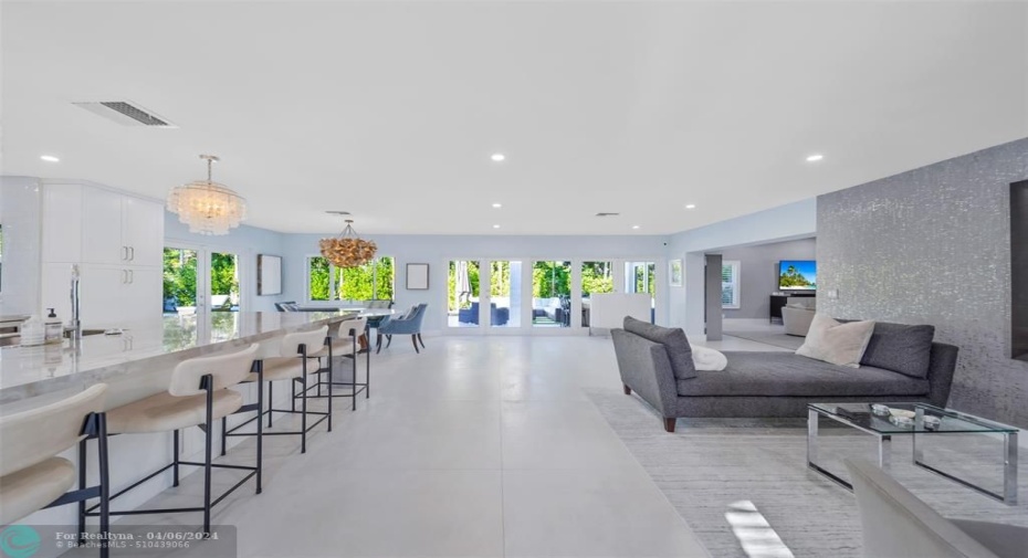 View from the entrance, Kitchen, laundry room, pool cabana bathroom and garage to your left. Front sitting area and two guest bedrooms and bathroom to your right. Also to your far right the formal spacious living room.
