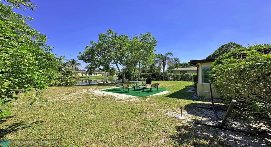Large waterfront fenced yard with fruit trees.