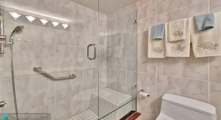 Guest Bathroom features a standing show and glass tub.
