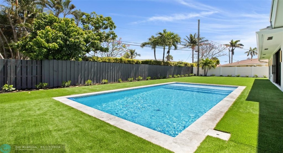 Brand new pool with turf and large patio area.