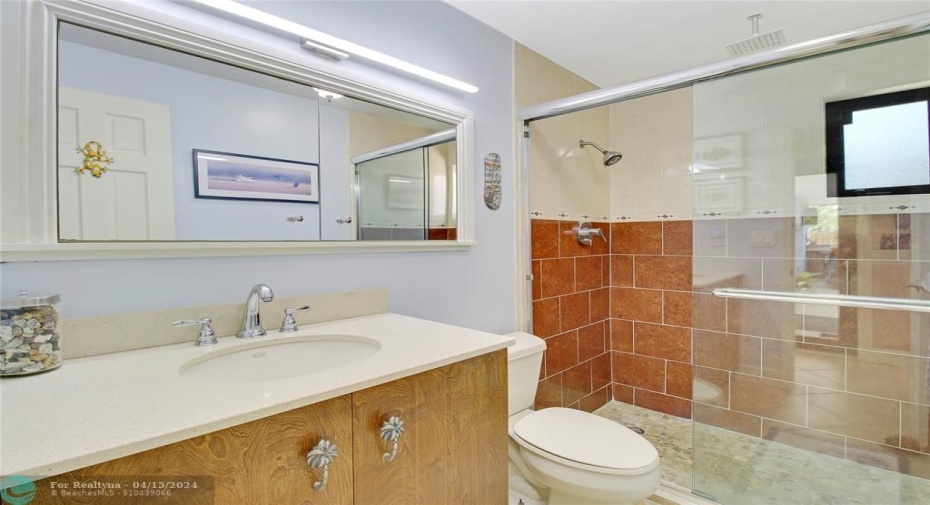 Hall bath that serves the guest bedroom and cabana bath as well. Door to pool is reflecting in  glass shower enclosure.