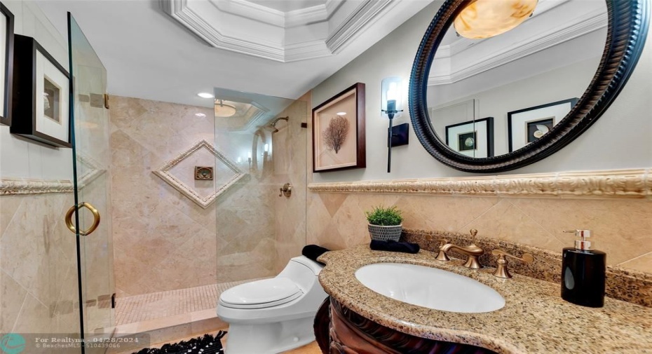 Another remodeled guest bath with beautiful ceiling