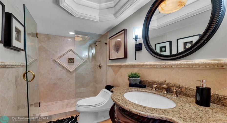 Another remodeled guest bath with beautiful ceiling