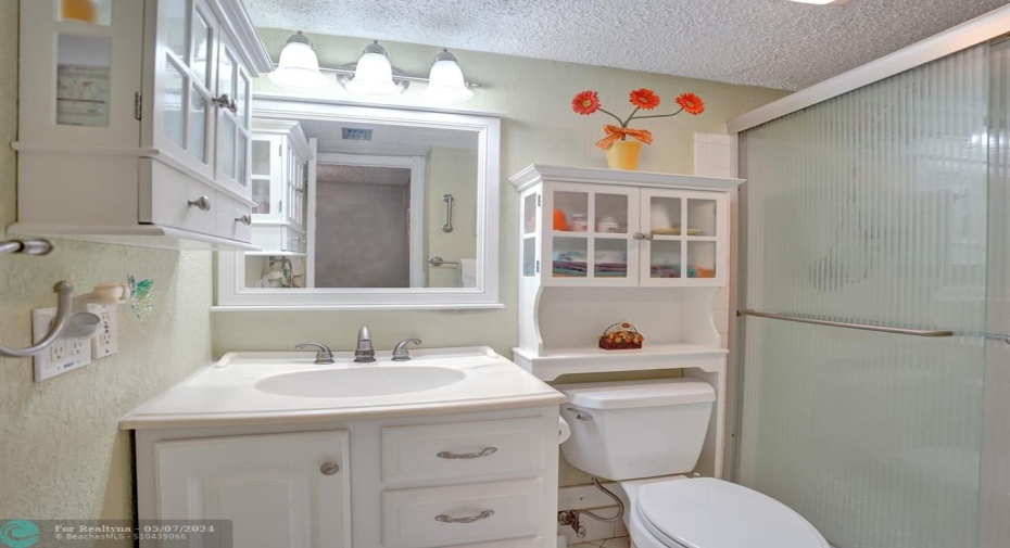 Guest Bath New Vanity/Fixtures, Cabinets and Toilet and Sliding Glass Shower Doors.