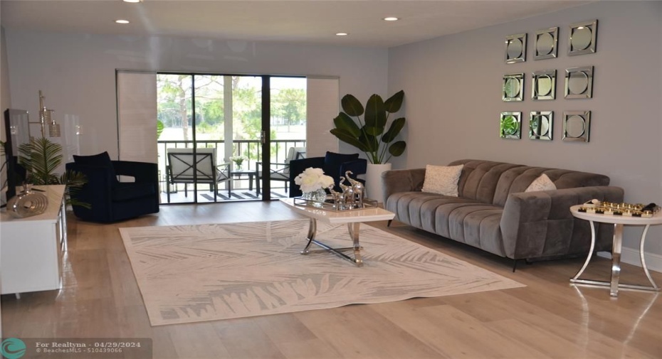 Entry to serene screened patio overlooking garden landscaping