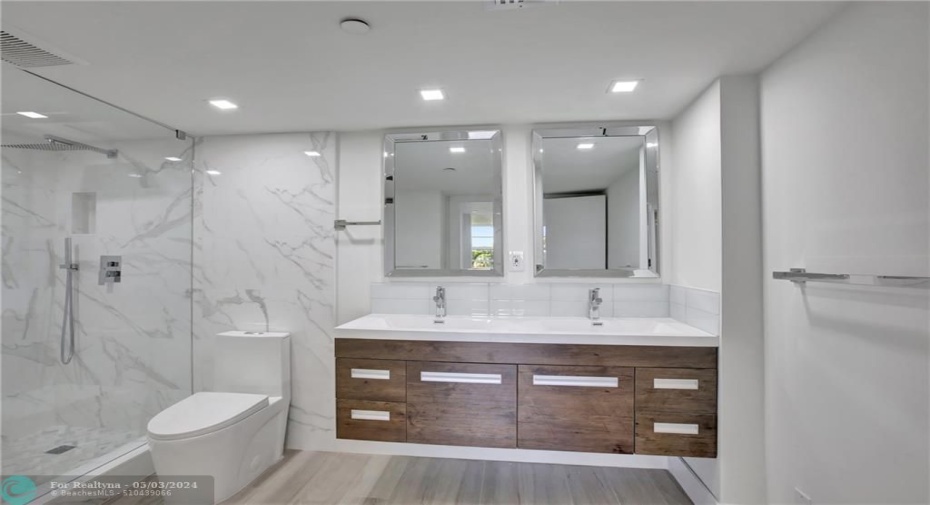 Double sinks and rainfall showerhead