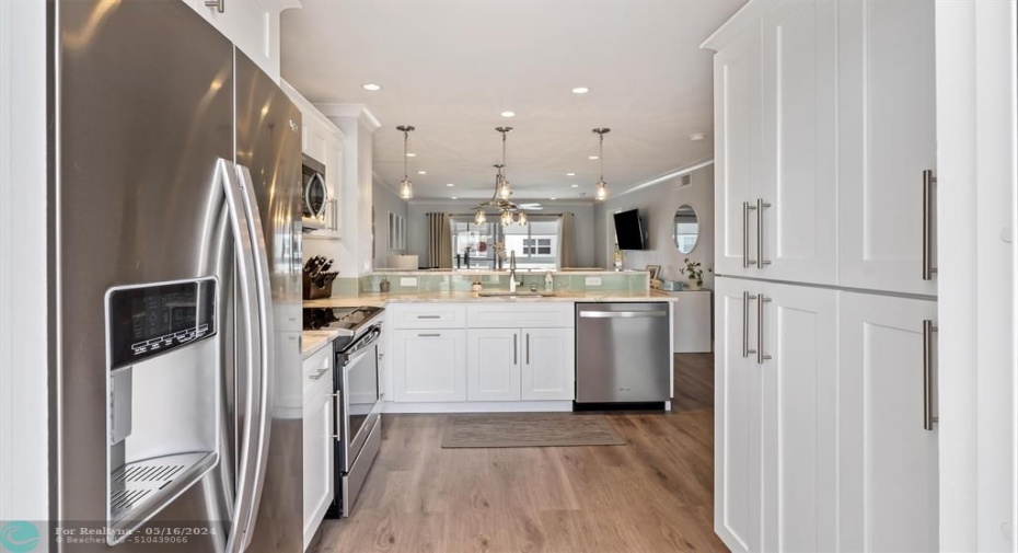 Counter Depth Refrigerator - Stainless Steel Appliances and Pantry Storage