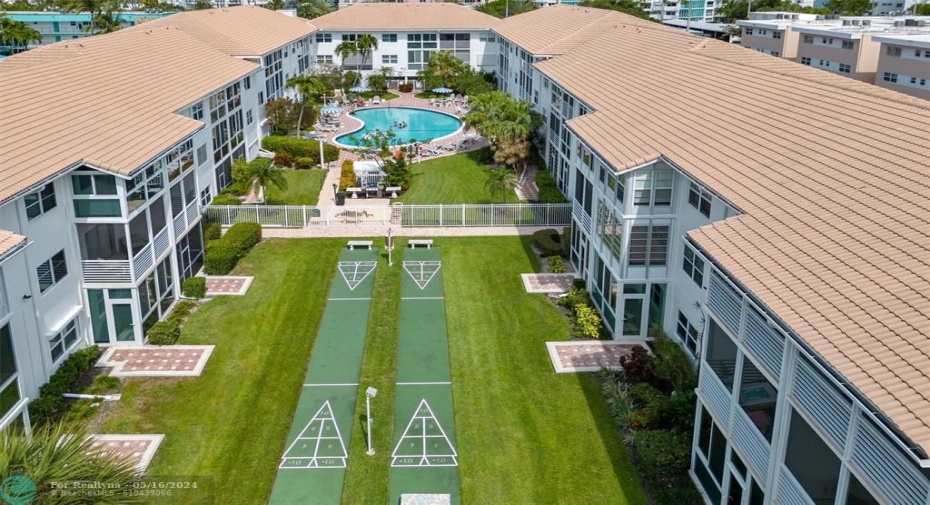 Aerial View of Garden Area, Pool and Shuffle Board