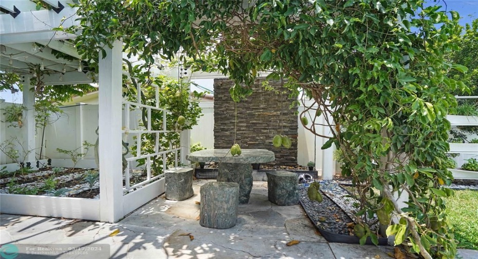 An absolutely beautiful slate water feature surrounded by a jade vine.