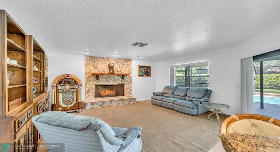 SLIDERS TO PATIO FROM FAMILY ROOM, REAL FIREPLACE