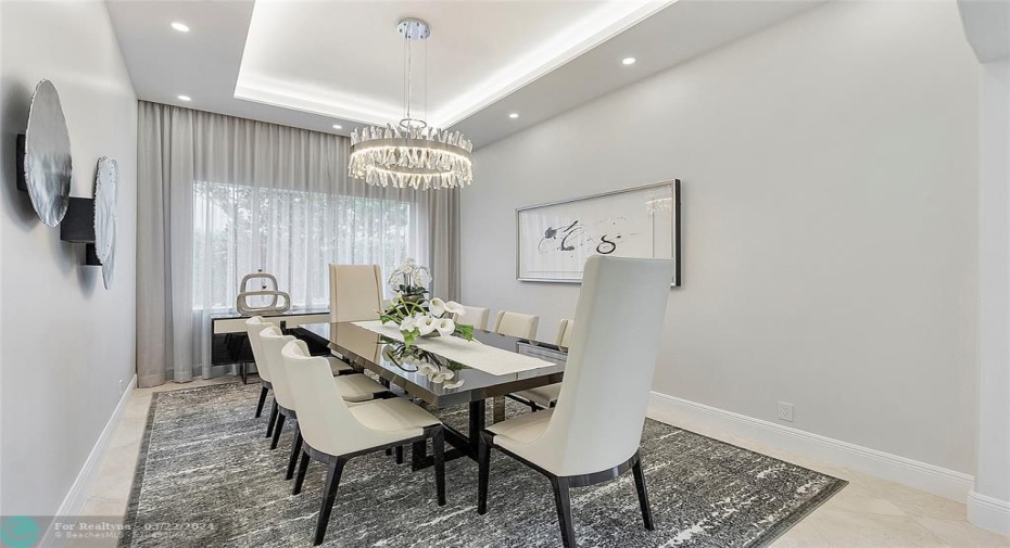 Formal dining room for Royalty, tray ceilings with LED lighting and stunning Chandelier & custom sheers drapes