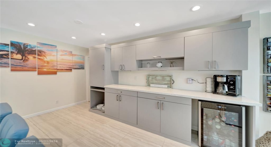 Expansive Coffee Bar w/ Built-In Wine Refrigerator